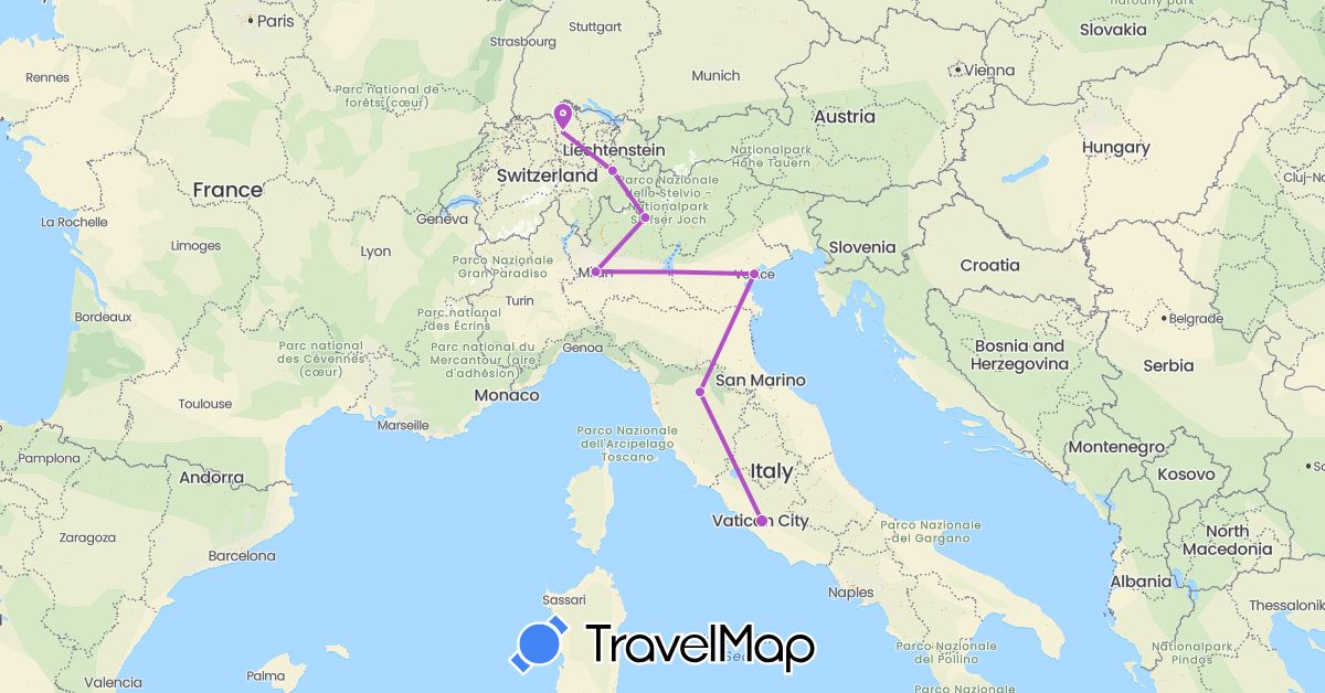 TravelMap itinerary: driving, train in Switzerland, Italy (Europe)